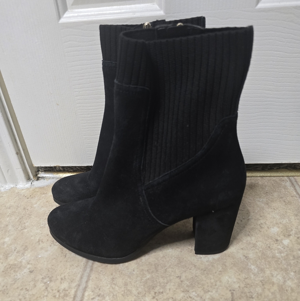 Vionic Kaylee Black Suede Ankle Stacked Block Heel Zipper Boots Preppy Goth Boho